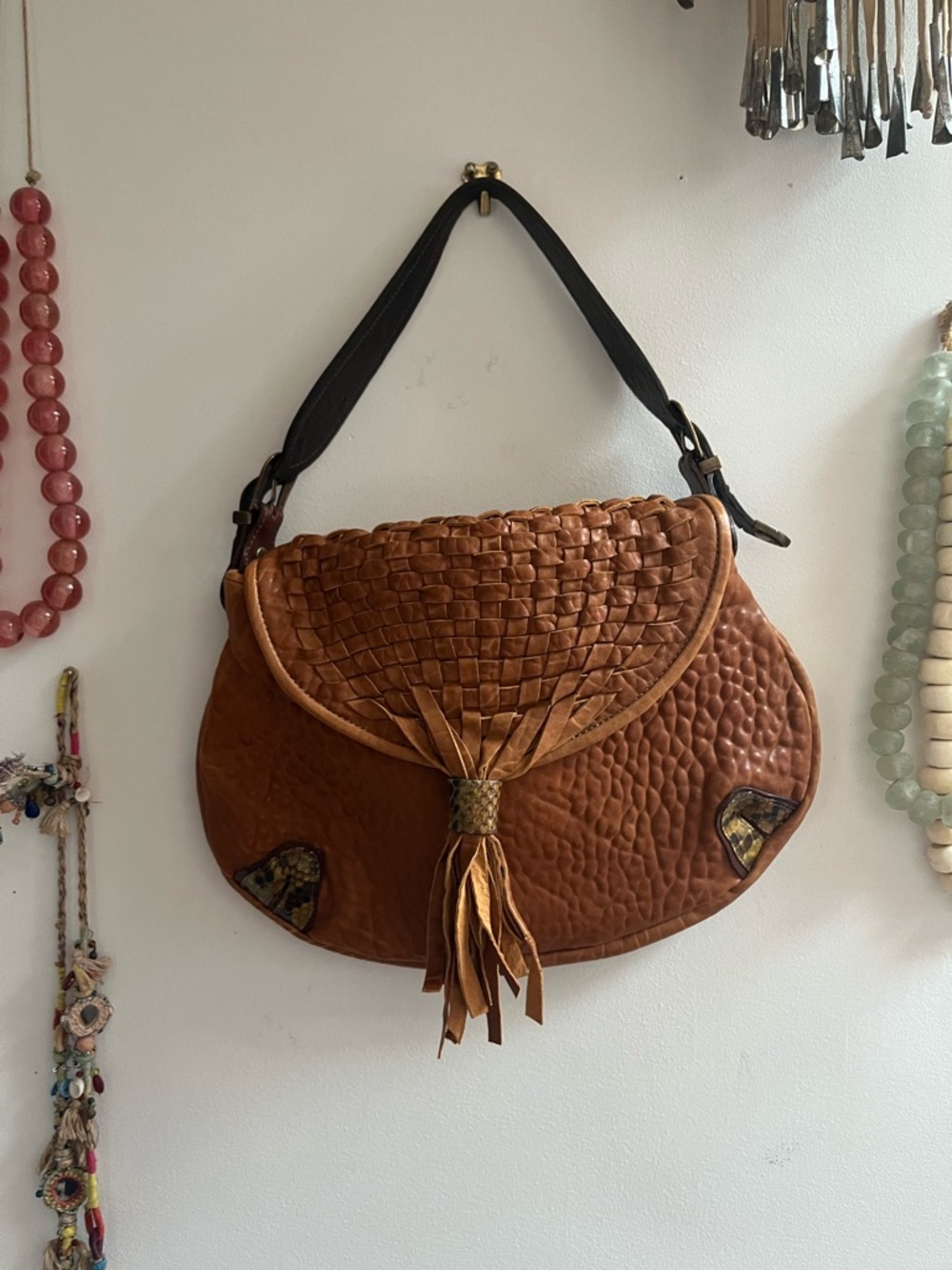 Handwoven Tassel Saddle Bag in Cognac Brown